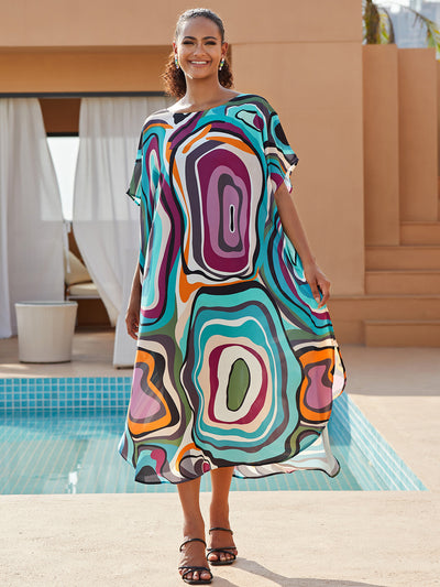 Plus Size Bathing Suit Cover Up for Women Colorful Printed Kaftan Casual Short Sleeve Robe Crew Neck Beach Dress Q1563