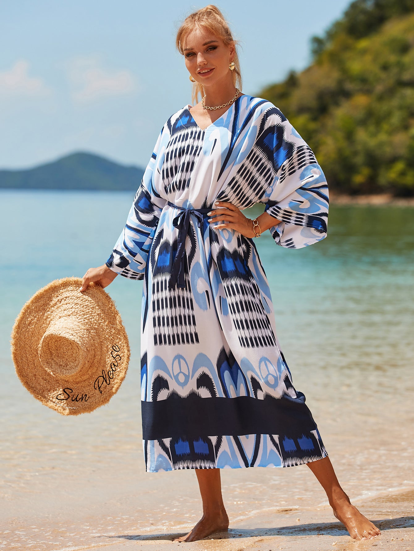 Bikini Cover-up Elegant V-neck 3/4 Sleeve Self Belted Women Clothing Summer Dress Tunic Beach Wear Swim Suit Cover Up Q1345