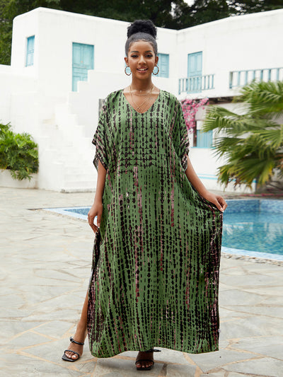 Bohemian Plus Size Striped Print Kaftan Maxi Dress Slit Loose Robe Women  Summer Autumn Beachwear Swimsuit Cover-ups Q1218-730-5