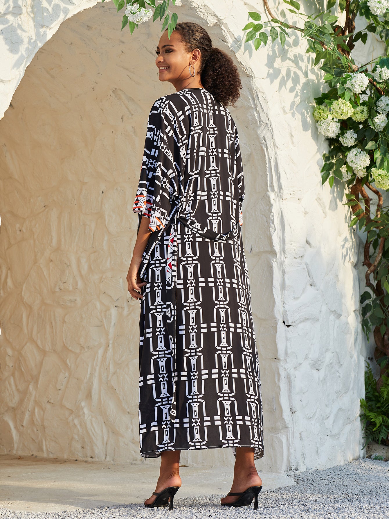 Women Plus Size Long Sleeve Kimono Elegant Open Front Self Belted Autumn Cardigan Dress Pareo Party Dress Q1332-778