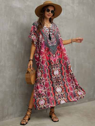 Boho Print Plus Size Kaftan Casual V-neck Tassel Strap Half Sleeve Summer Dress Woman Beachwear Swimsuit Cover-ups Q1383-21083-22