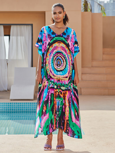 Bohemian Printed Comfy V Neck Loose Beach Dress African Summer Women Beachwear Batwing Sleeve Bathing Suit Cover Up Q1577-1127-2