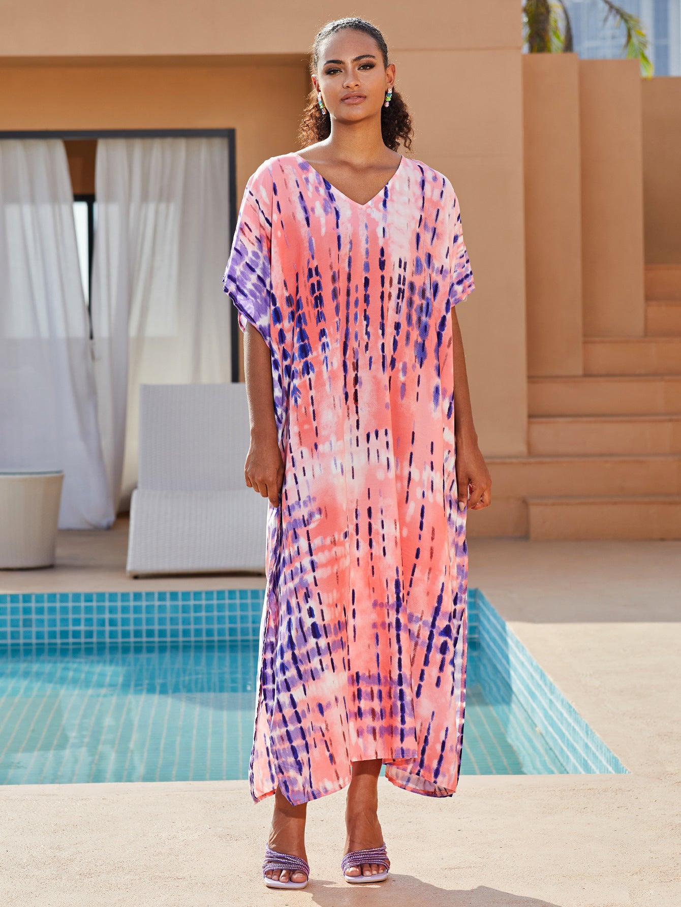 Bohemian Plus Size Striped Print Kaftan Maxi Dress Slit Loose Robe Women  Summer Autumn Beachwear Swimsuit Cover-ups Q1218-730-13