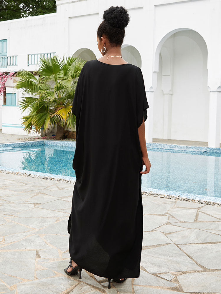 Elegant Embroidery Kaftan Robe Lace-up V-Neck Side Slit Maxi Dress  Summer Women Clothes Plus Size Beachwear Cover-ups Q1543