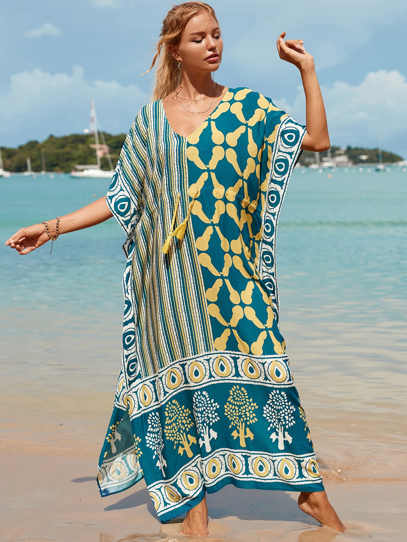 Summer Loose Kaftan Embroidery Beach Cover Up Saida de Praia Swimsuit Women Bikini Cover-ups Tunic Pareo Sarong Beachwear Q1193-8648-1