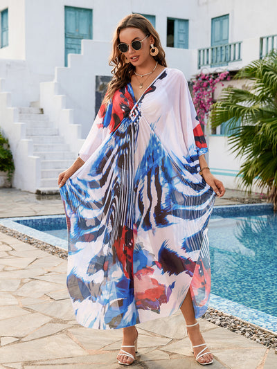 Plus Graphic Print Batwing Sleeve Split Thigh Cover Up Dress Q1559-8749-7