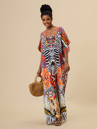 Bohemian Printed Loose Kaftan Casual Summer Vacation Maxi Dress Women Clothing Beach Wear Swim Suit Cover Up Q1469-9
