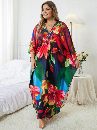 Print Maxi Dress Batwing Sleeve Tunic Spring Autumn Beach Dress Casual Plus Size Women Beachwear Kaftan Cover-ups Q1289-8693-17