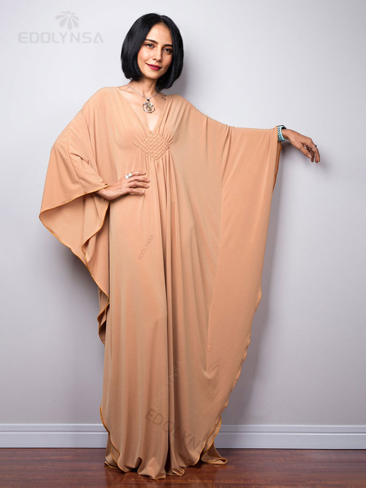 Solid V-neck Batwing Sleeve Plus Size Kaftan Loose Maxi Dresses Women Summer Beachwear Bathing Robe Soft House Dress Q1306-8702-5