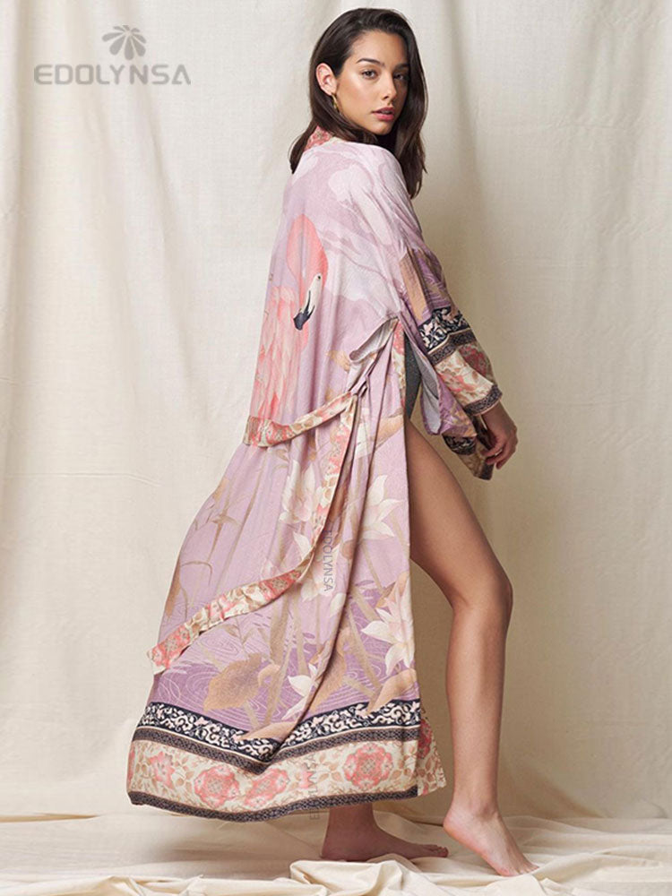 Soft Bikini Cover-ups Pink Boho Print Self Belted Front Open Long Kimono Dress Beach Tunic Women Swim Suit Cover Up Q996-1