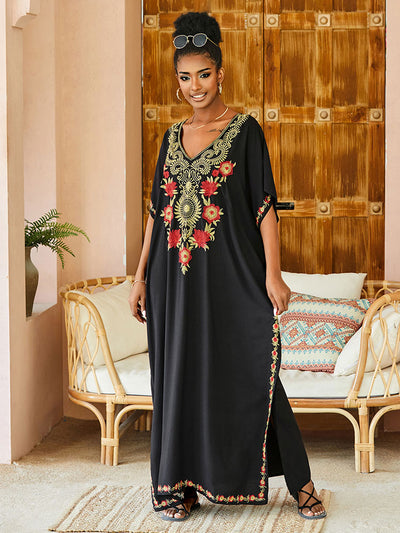 V-neck Short Sleeve Casual Embroidery Button Kaftan Maxi Dress Tunic Women Summer Clothes Beachwear Swimsuit Cover Up Q1490-black
