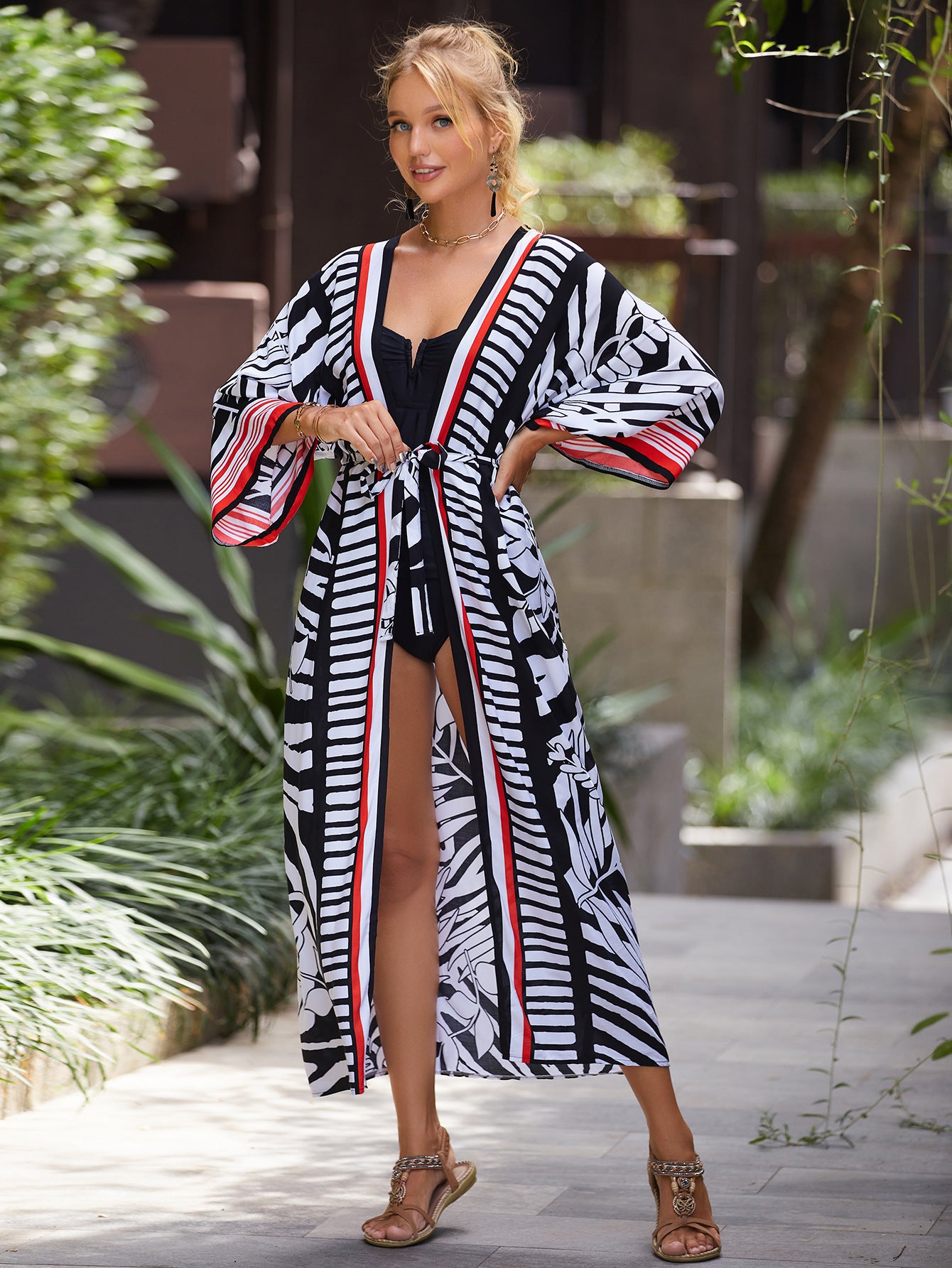 Boho Printed Long Sleeve Self Belte Kimono Dress Bath Tunic Women Clothes Beachwear Swimsuit Cover Up saida de praia Q1451-1085-11