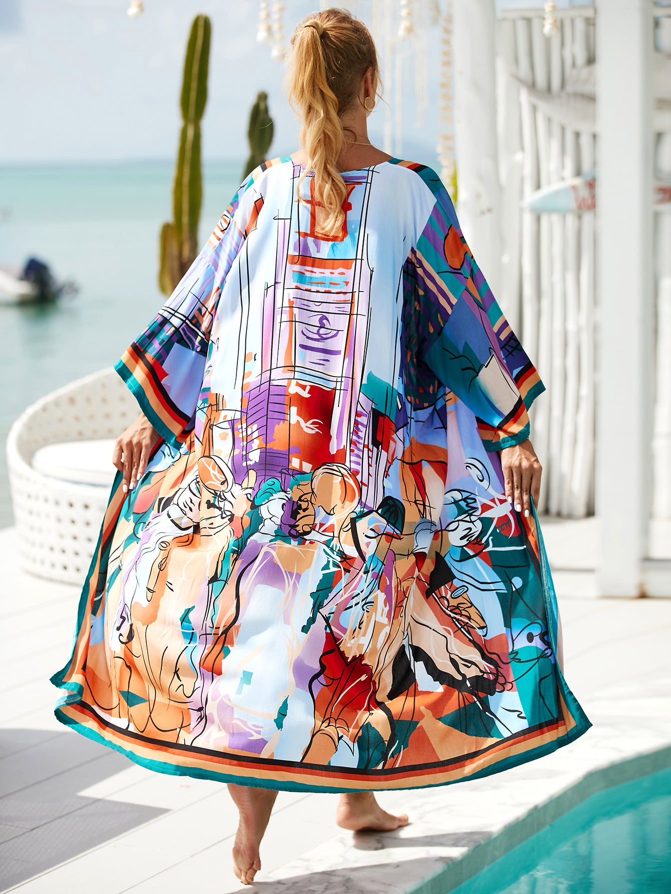 Bohemian Printed Long Kimono Dresses Plus Size Batwing Sleeve Dress Summer  Women Loose Beach Wear Midi Dress Sarong Q1512-1120-2