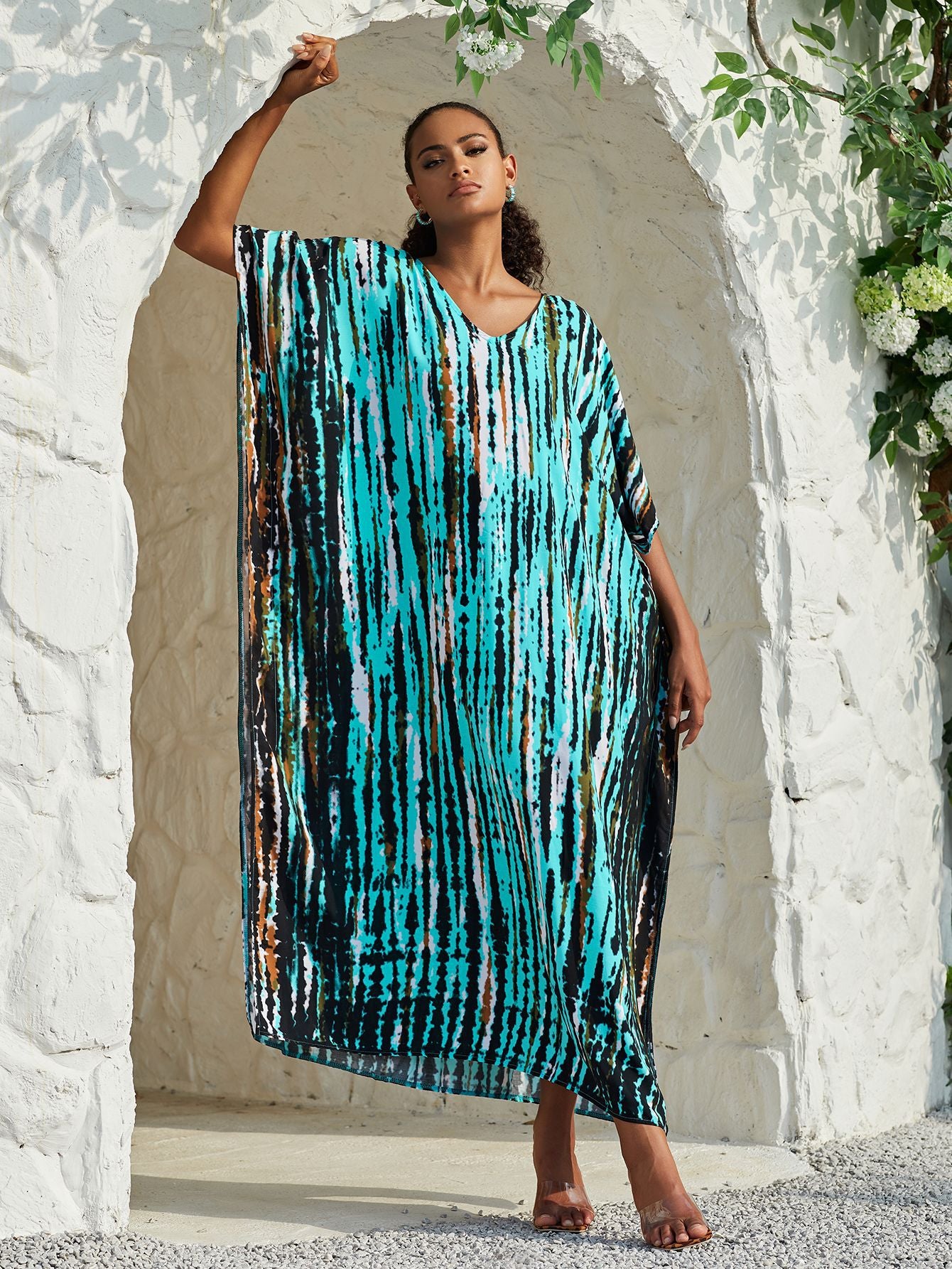Bohemian Print Women Beach Maxi Dress Bathing Suit Cover Up Summer Autumn Woman Beachwear Cover-ups Loose Slit Kaftan Q1218-730