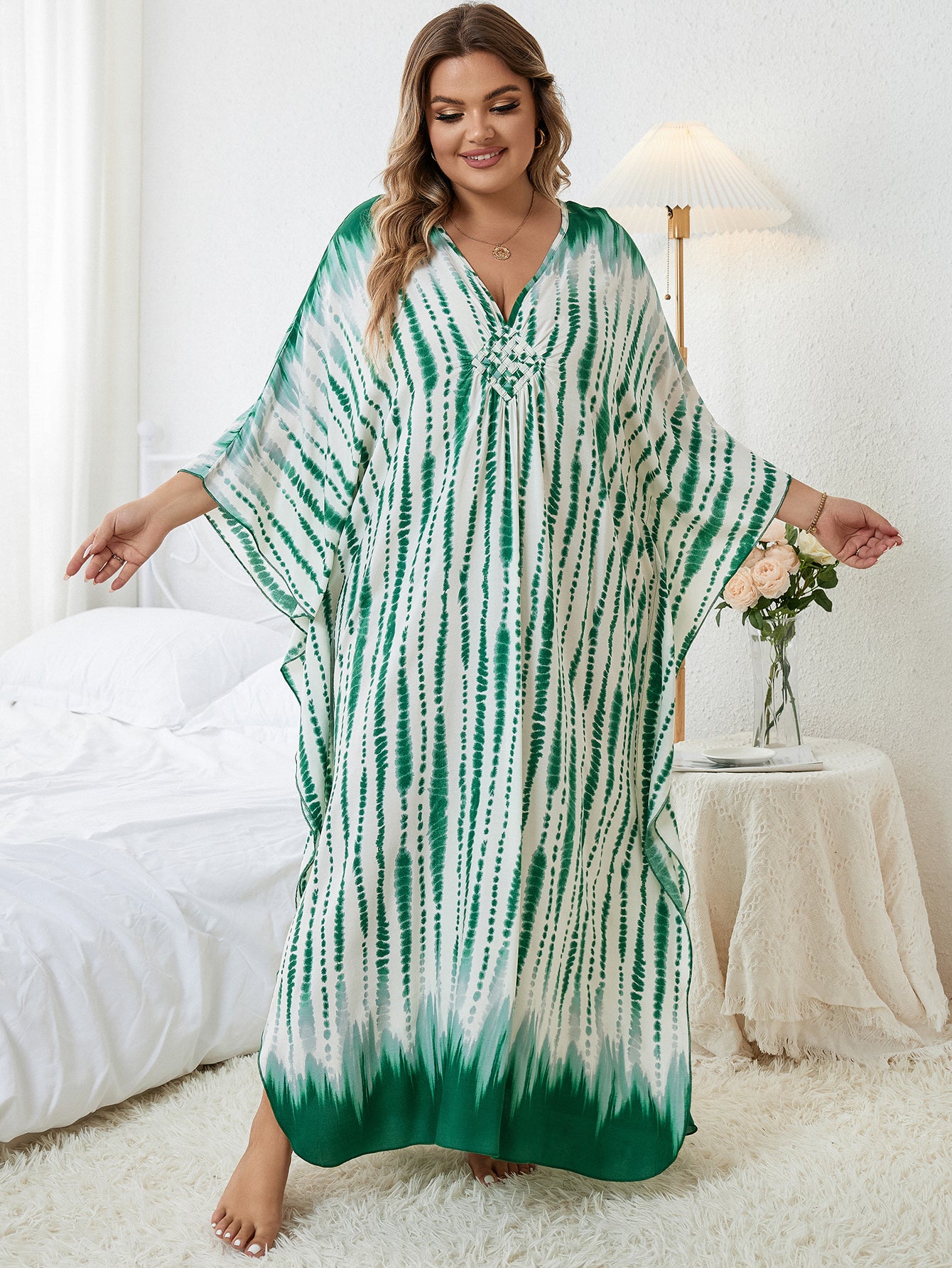 Plus Size Elegant Bathing Suit Cover Up Summer Women's Clothing Striped Printed Kaftans Casual Vacation Outfit African Caftans Q1523-8744-2