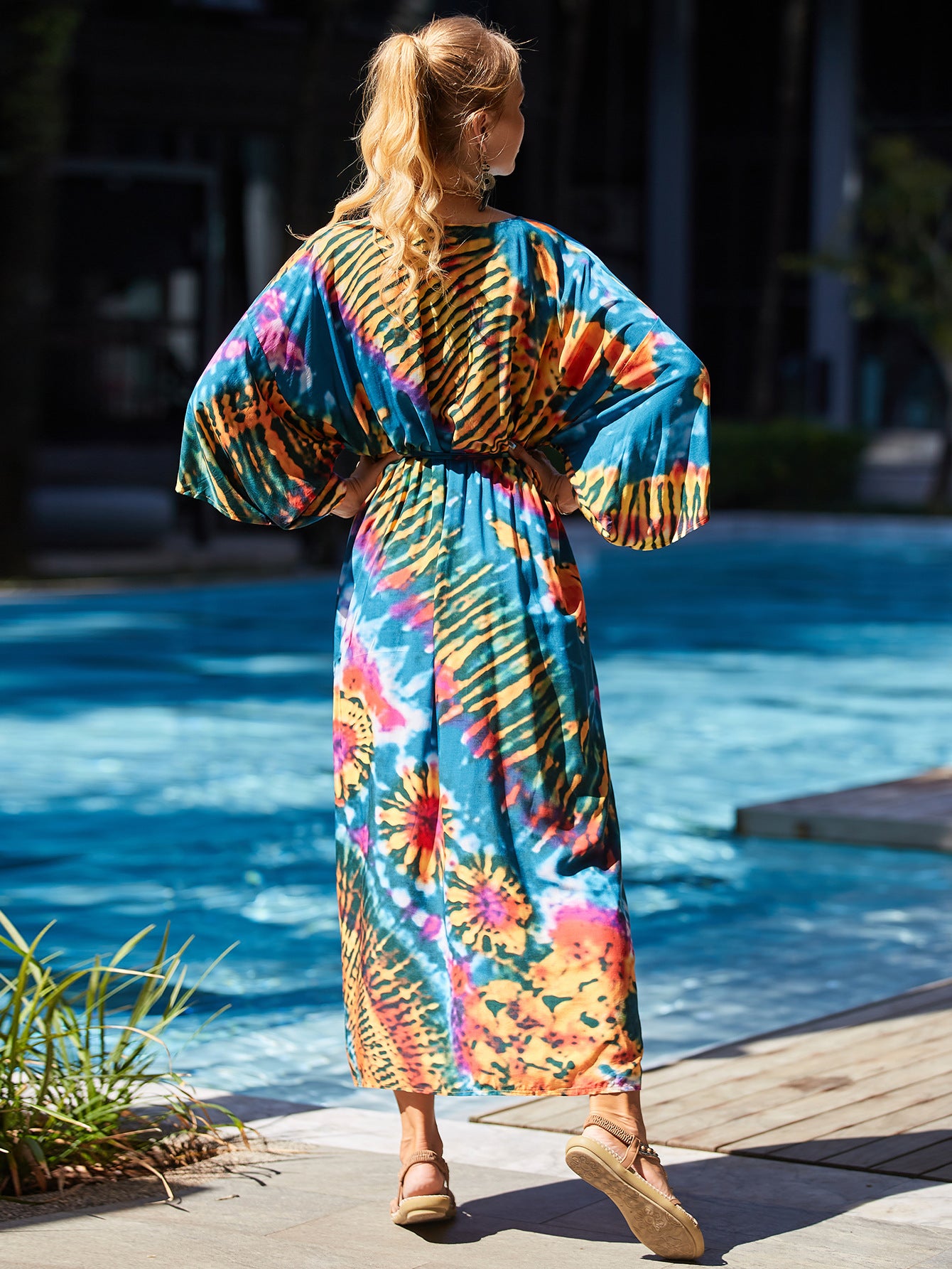Casual Print Long Sleeve Loose Kimono Dress Belted Women Beachwear Swimsuit Cover-ups Bathing Robe Bikini Cover Up Q1451-1085-2