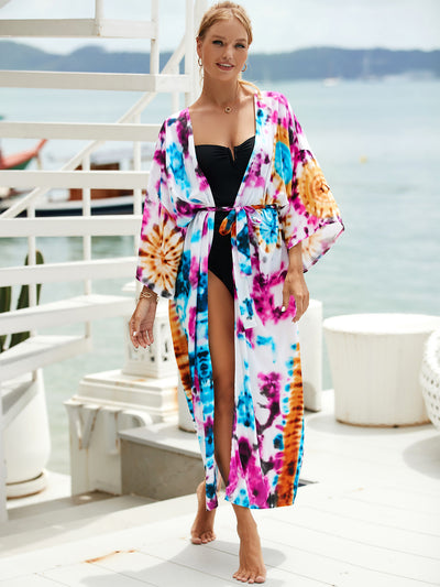 Boho Print Plus Size Batwing Sleeve Belt Kimono Dress Bathing Suit Cover Up Summer  Women Beachwear Cover-ups Sarong Q1512-1120-6