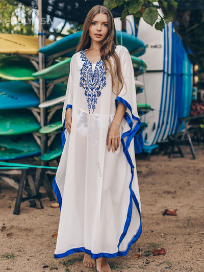 Bohemian Embroider Summer Beach Dress Women Plus Size Beachwear Loose Kaftan Sexy Half Sleeve Chiffon Maxi Dress Robe Q746-White