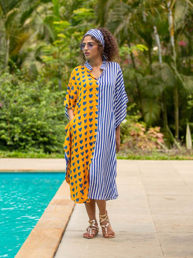 Chic Splicing Print Loose Batwing Sleeves Dress Bathing Suit Cover Up Summer Autumn Women Button Beachwear Cover-ups Q1452-8721