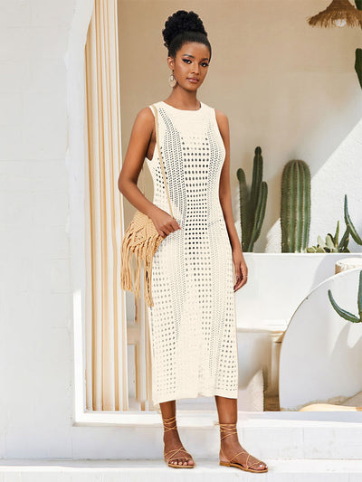 Crochet Mesh Sleeveless Slit Wrap Beach Dress 2023 Summer Woman Sexy Hollow Out Knitted Beachwear Swimsuit Cover-ups Q1513-white