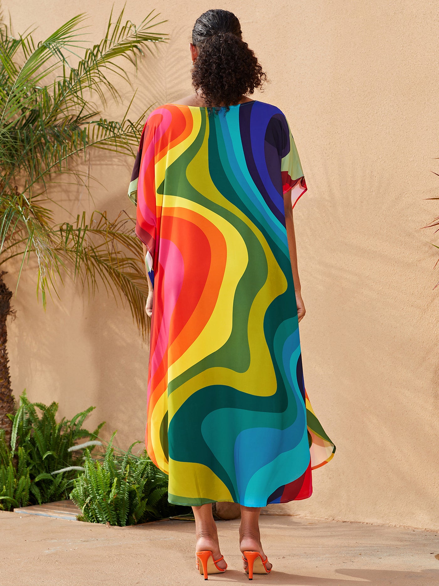 Bohemian Rainbow Print Swimsuit Cover Up Bat Sleeve Kaftan Elegant Side Slit Beach Dress Turkish Robe Beachwear Cover-ups Q1563-23052-2