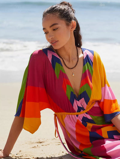 Bohemian Print Half Sleeve High Waist Self Belted Maxi Dress Tunic Women Summer Clothes Beach Wear Swim Suit Cover Up Q1461