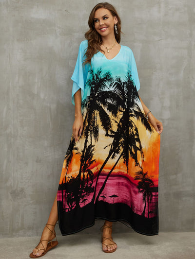 V Neck Boho Print Loose Kaftan Batwing Sleeve Side Slit Summer Vacation Maxi Dress Women Beachwear Swimsuit Cover-ups Q1464-1102-12