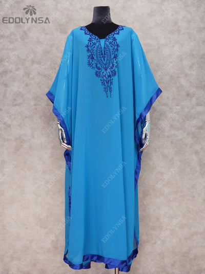 Bohemian Embroider Summer Beach Dress Women Plus Size Beachwear Loose Kaftan Sexy Half Sleeve Chiffon Maxi Dress Robe Q746-Blue