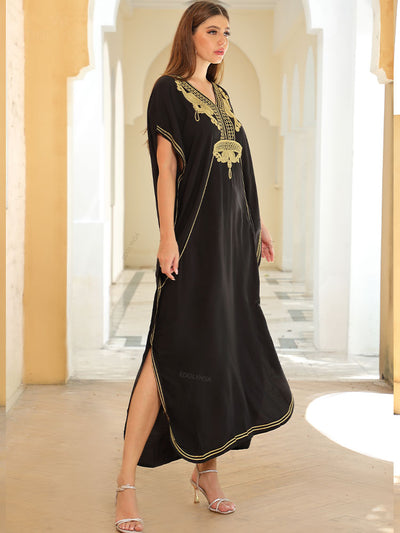 Embroidered Long Kaftan Dresses for Women Turkish Caftan Robe Plus Size Bathing Suit Cover ups Lightweight Outfit Q660-black