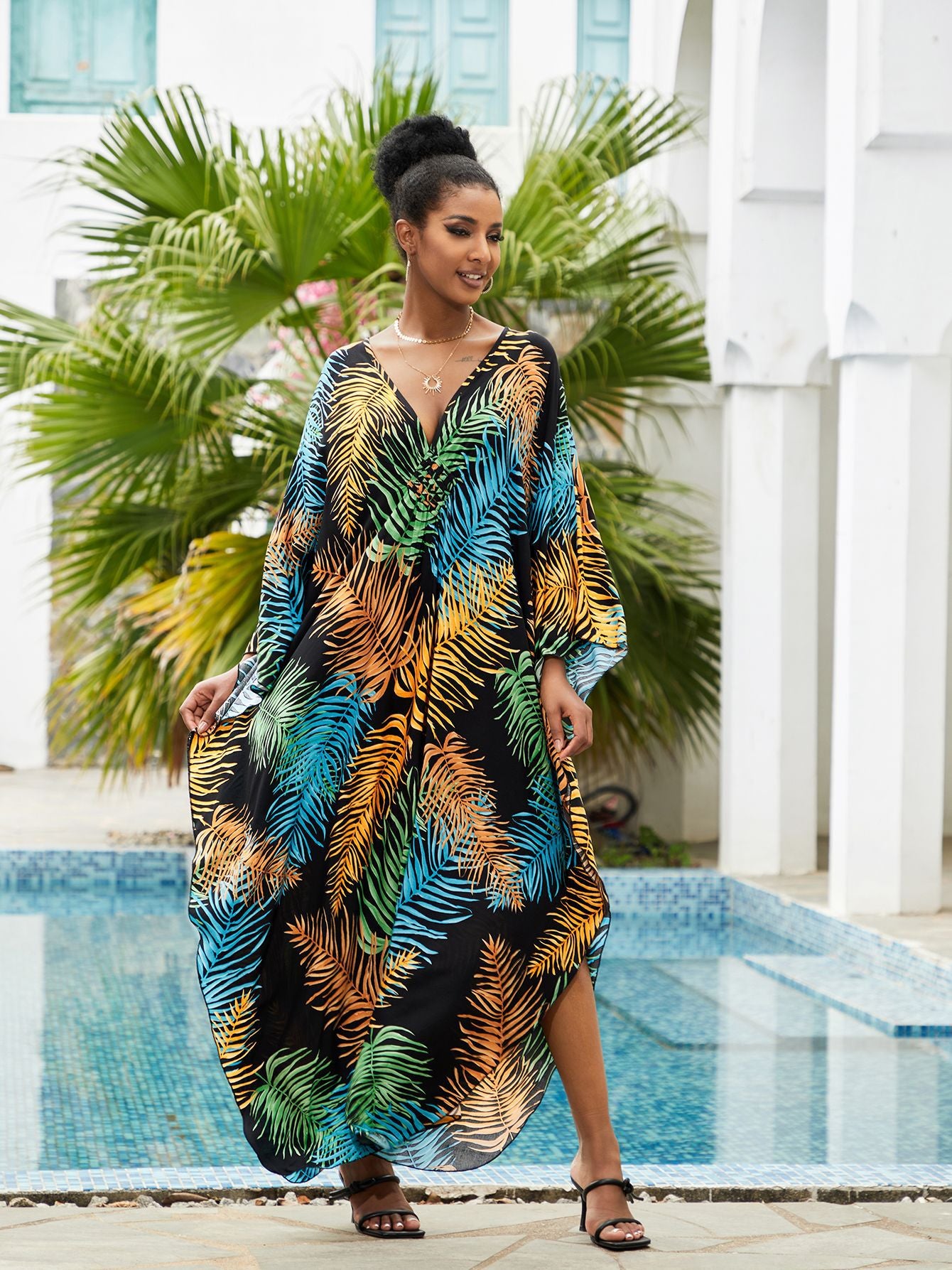 Tie Dye Batwing Sleeve Split Thigh Cover Up Q1523-8744-1