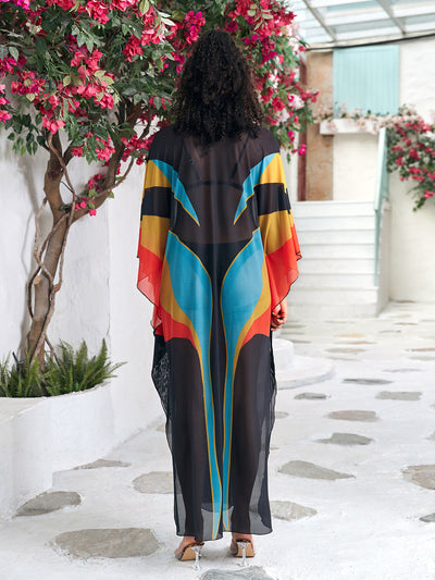 Plus Graphic Print Batwing Sleeve Split Thigh Cover Up Dress Q1559-8749-10