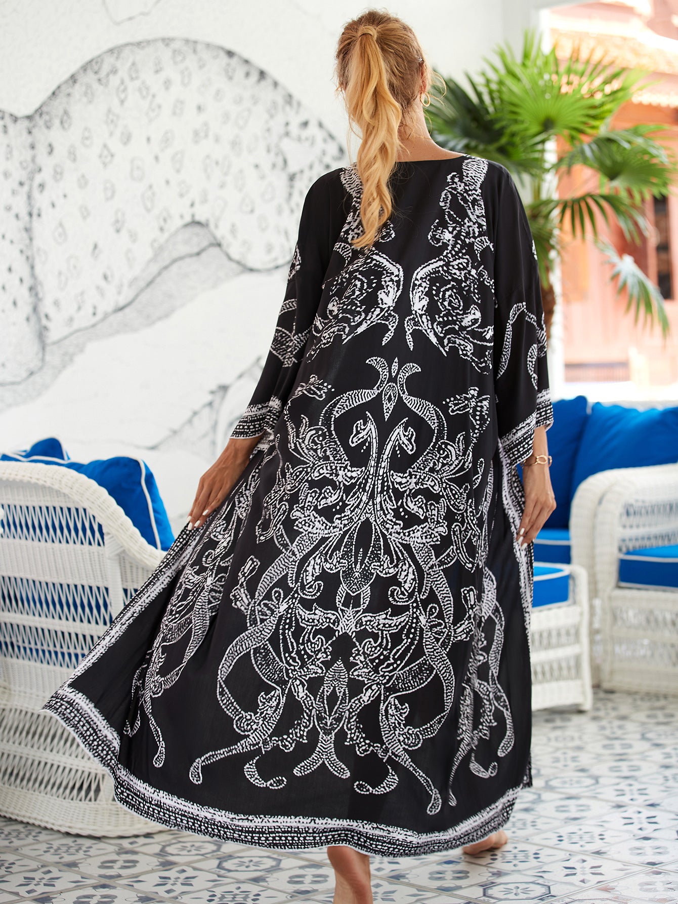 Boho Printed Loose Cozy Kimono Dress Bathing Suit Cover Up Summer Wear Belt Tunic Women Beach Wear Swim Suit Cover-ups Q1512-1120