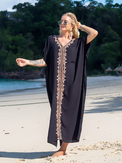 Elegant Gold Embroidered Kaftan Long Black Tunic Loose Maxi Dress Women Summer Clothing Beach Wear Swim Suit Cover Up Q1455
