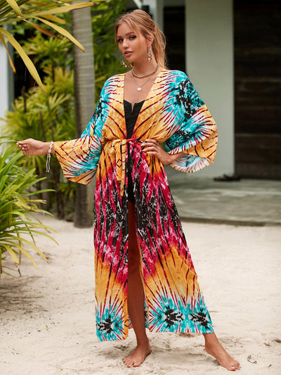 Bohemian Printed Long Kimono Dresses Plus Size Batwing Sleeve Dress Summer  Women Loose Beach Wear Midi Dress Sarong Q1512-1120-9
