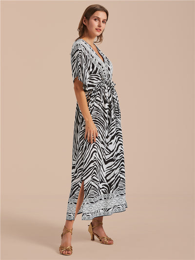 Sexy Zebra Stripe Print Bikini Cover-ups Tunic V-neck Backless Beach Dress Women Summer Autumn Beachwear Swimsuit Cover Up Q1498-8731