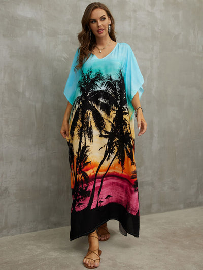 V Neck Boho Print Loose Kaftan Batwing Sleeve Side Slit Summer Vacation Maxi Dress Women Beachwear Swimsuit Cover-ups Q1464-1102-12