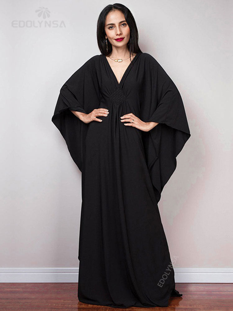 Solid V-neck Batwing Sleeve Plus Size Kaftan Loose Maxi Dresses Women Summer Beachwear Bathing Robe Soft House Dress Q1306-8702-2