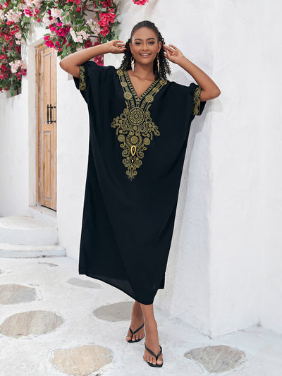 Bohemian Glod Embroidery Printed Loose Kaftan V Neck Slit Dress  Summer Women Casual Robe Beachwear Swimsuit Cover Up Q1581-23065