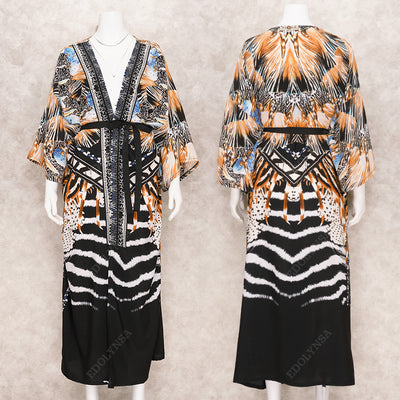 Multicolored Bikini Cover-ups Sexy Long Sleeve Boho Summer Beach Dress Plus Size Beachwear Swimsuit Cover Up Q1367
