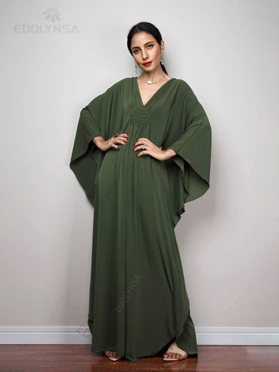 Solid V-neck Batwing Sleeve Plus Size Kaftan Loose Maxi Dresses Women Summer Beachwear Bathing Robe Soft House Dress Q1306-8702-13