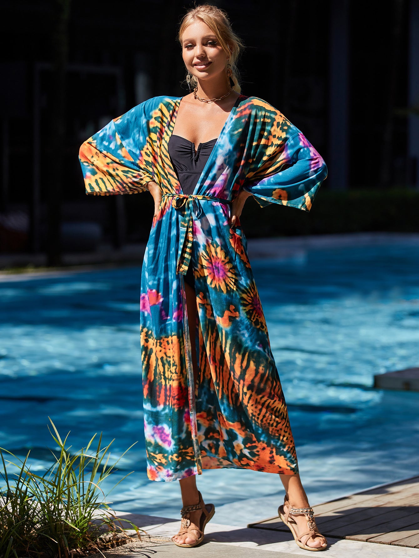 Casual Print Long Sleeve Loose Kimono Dress Belted Women Beachwear Swimsuit Cover-ups Bathing Robe Bikini Cover Up Q1451-1085-2