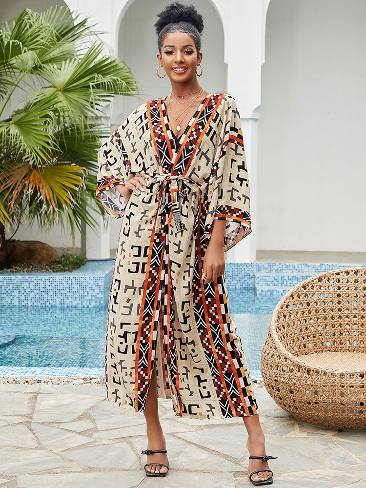 Bohemian Printed Elegant Self Belted Kimono Dress Tunic Women Clothing Plus Size Beach Wear Swim Suit Cover Up Q1228-4