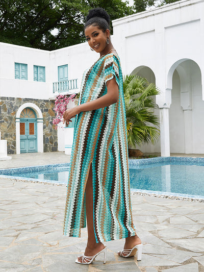 Sexy Print V-neck Half Sleeve Slit Maxi Dress Casual Beachwear Bikini Cover Up 2023 Summer Autumn Women Outfit Loose Robe Q1538