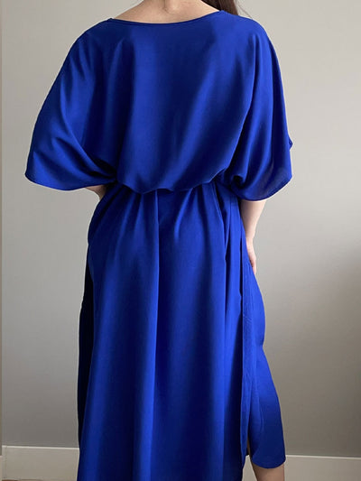 Solid Blue Plus Size Long Kaftan Casual V-neck Robe Summer Autumn Maxi Dress Woman Outfit Beachwear Swimsuit Cover Up Q1384-Blue