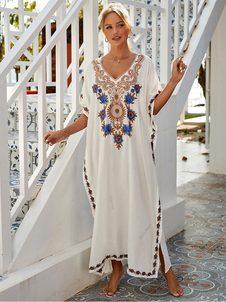 Vintage Embroidered Long Kaftan Casual V-neck Maxi Dress Summer Clothes Women Beach Wear Swim Suit Cover Up Q1490-white