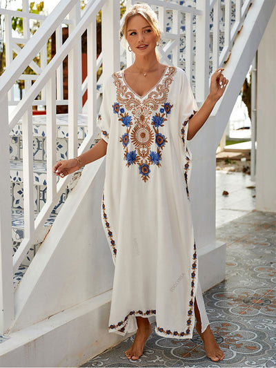 Vintage Embroidered Long Kaftan Casual V-neck Maxi Dress Summer Clothes Women Beach Wear Swim Suit Cover Up Q1490-white