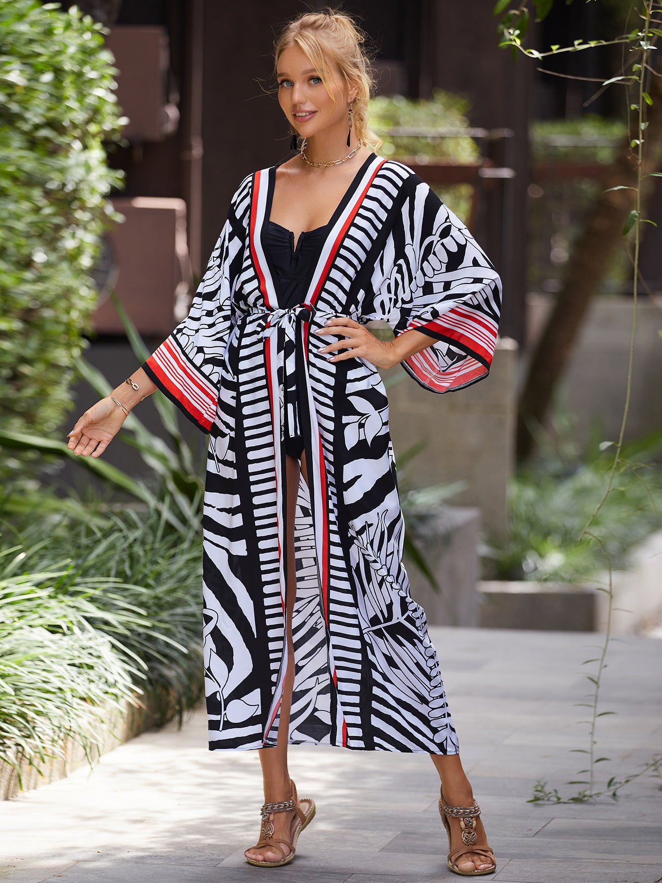 Boho Printed Long Sleeve Self Belte Kimono Dress Bath Tunic Women Clothes Beachwear Swimsuit Cover Up saida de praia Q1451-1085-11