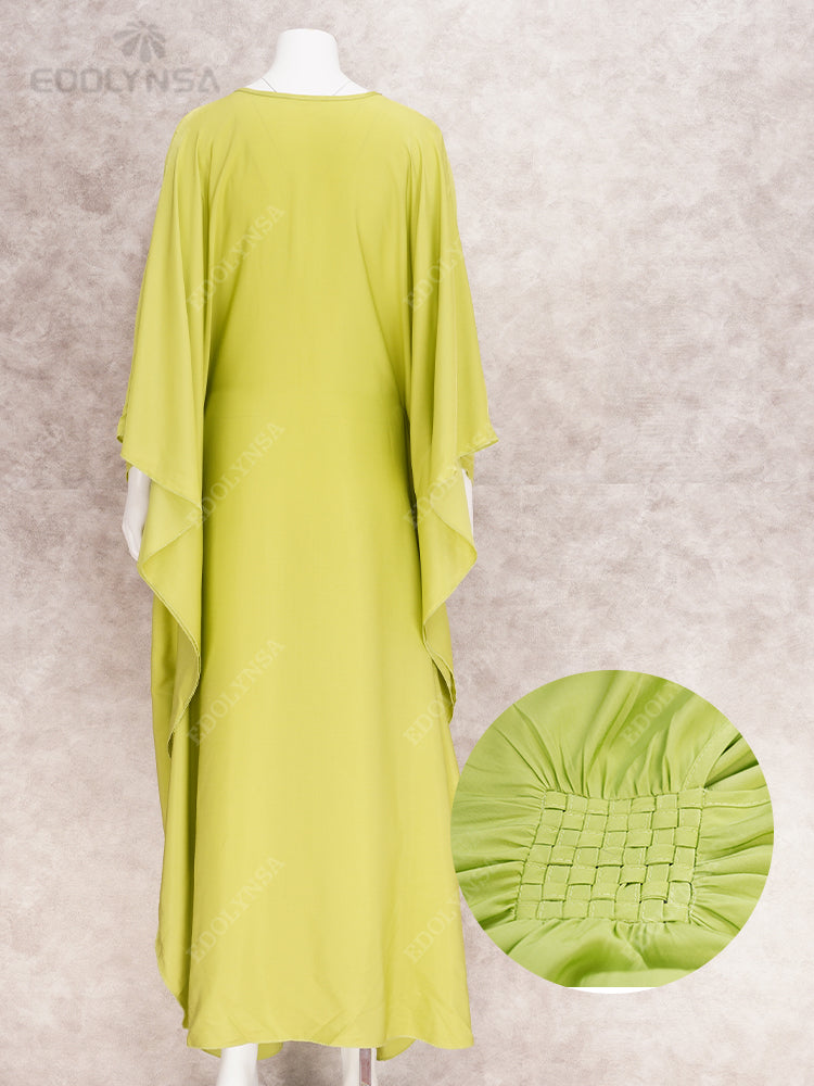 Solid V-neck Batwing Sleeve Plus Size Kaftan Loose Maxi Dresses Women Summer Beachwear Bathing Robe Soft House Dress Q1306-8702-6
