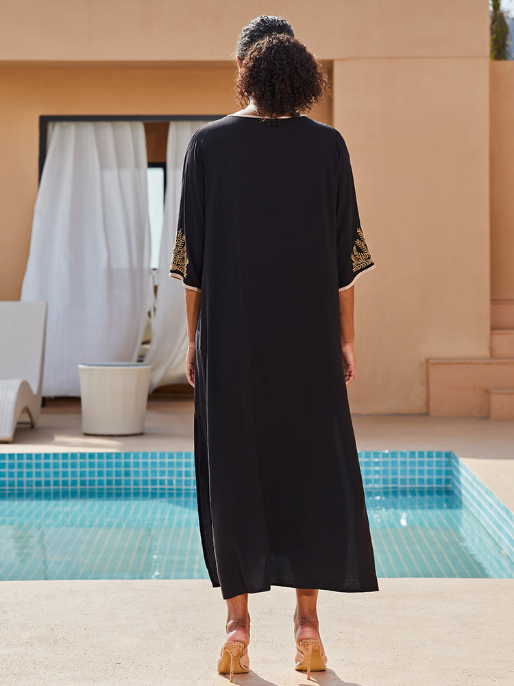 Beach Cover-ups Embroidery Vintage Ladies Tunics Kaftan Summer Dress Beach Wear Swim Suit Cover Up Robe de Plage Q1155-black