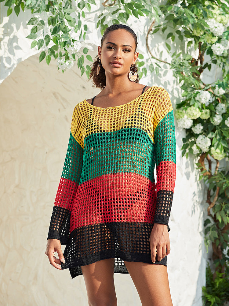 Women Crochet Knit Mini Dress Long Sleeve Colorful Mesh Cover Ups Casual Sweater Dress Summer Tank Dress Q1551